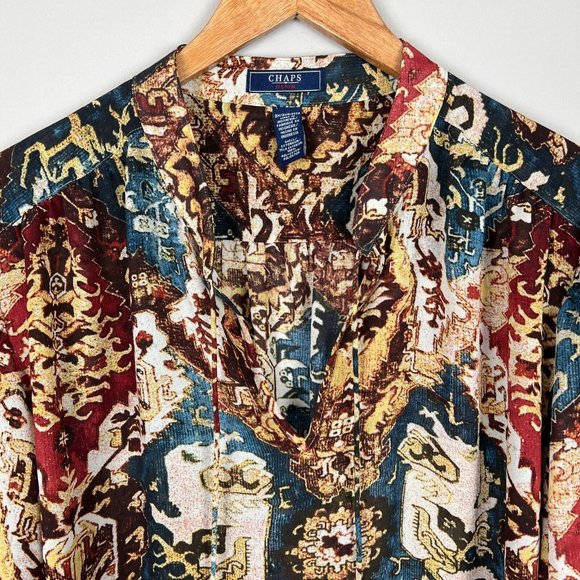 Chaps Blouse Top 3X Multicolor Printed Sheer Balloon Sleeve V-Neck Womens Plus - Picture 2 of 11